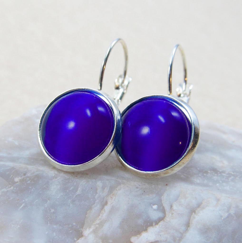 Drop Earrings - Round Cobalt Blue Cat's Eye Glass Cabochon - Silver Plated Brass Bezel, Lever Back Hooks