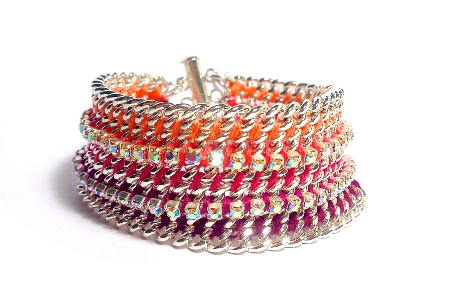 Ombre Crystal Twister - Designer Friendship Bracelet with Chains, Thread & Crystals - Coral Edition - Made To Order
