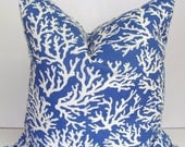 Blue Nautical Pillow.Coral Branches.18x18 inch Lumbar Pillow Cover.Printed Fabric Front and Back.Indoor.Outdoor.Ocean.Sealife