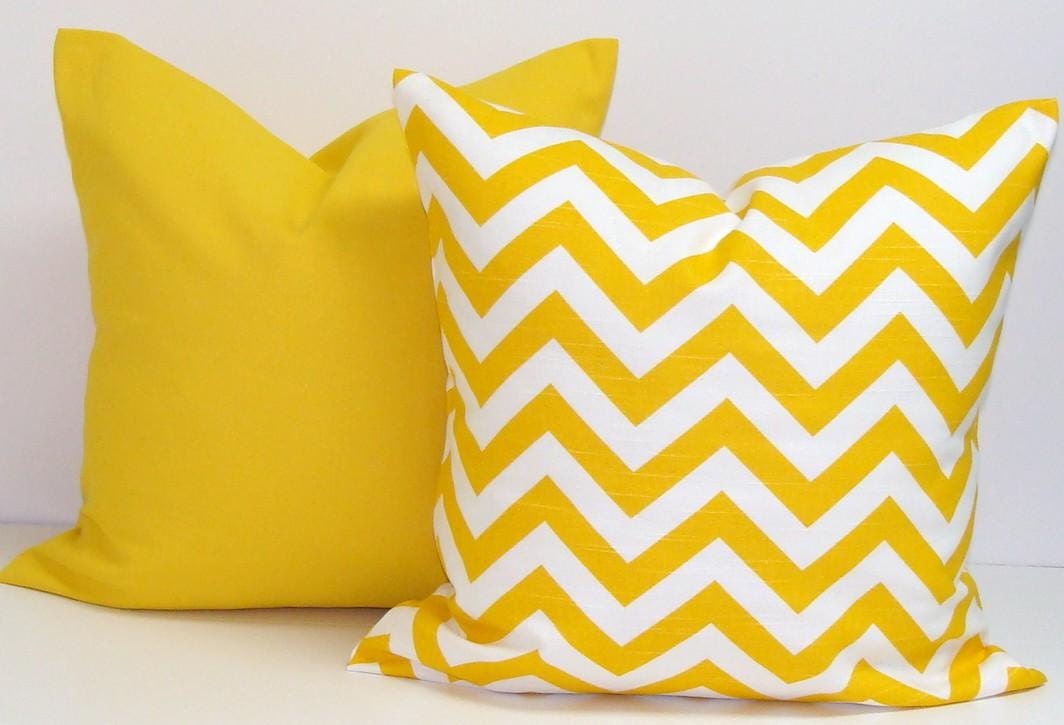 SALE.Yellow PILLOW SET.Chevron.Set of Two.16x16 inch.Decorator Pillow Covers.Printed Fabric Both Sides.Housewares.Home Decor