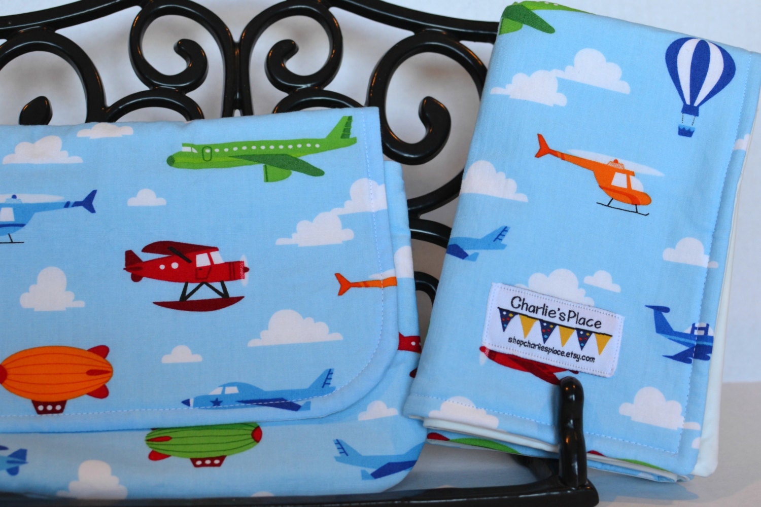 Diaper Clutch and Changing Pad/Busy Bag - helicopter, hot air balloon, airplane, blue, red, cloud