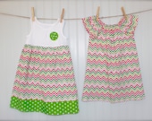 SALE- SISTER SET - lime pink zig zag & polka girls tank style dress with coordinating flutter sleeve dress - many sizes
