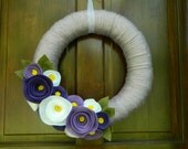 Summer Wreath - Spring Wreath -  Lilac Yarn Wrapped Wreath with Yellow, Violet, Orchid and White Flowers and Olive Leaves - 16 inch