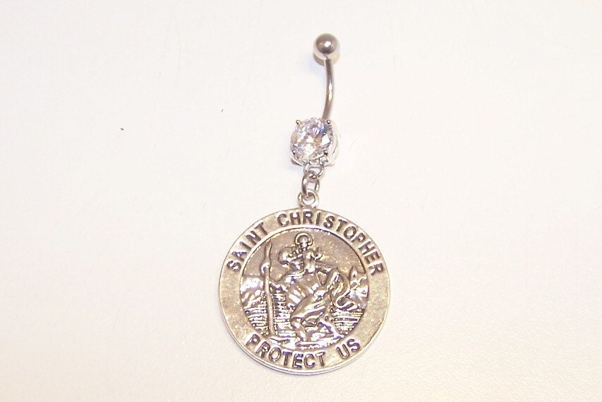 Saint, Christopher, Medallion, Prong, Set, Cubic, Zirconia, Belly, Button, Piercing