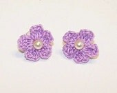 Crochet, Flower, Earrings, Violet, Purple, Forget Me Nots, Vintage, Swarovski, Cream, Pearls