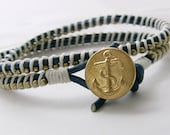 Trendy Bracelet Leather Wrap Bracelet Stack Navy and Natural Cream with Gold Vintage Anchor Button