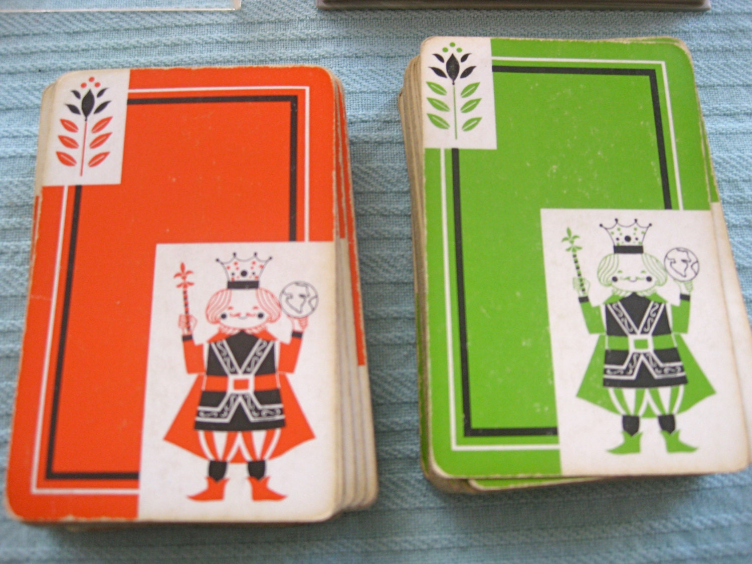 1970s  Orange & Green Plastic Coated Tiffany Bridge Playing Cards Double Deck In Plastic Case