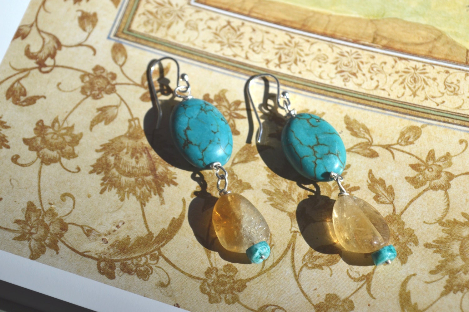 Summer Earrings - Turquoise and  Honey Agate  Drop Earrings