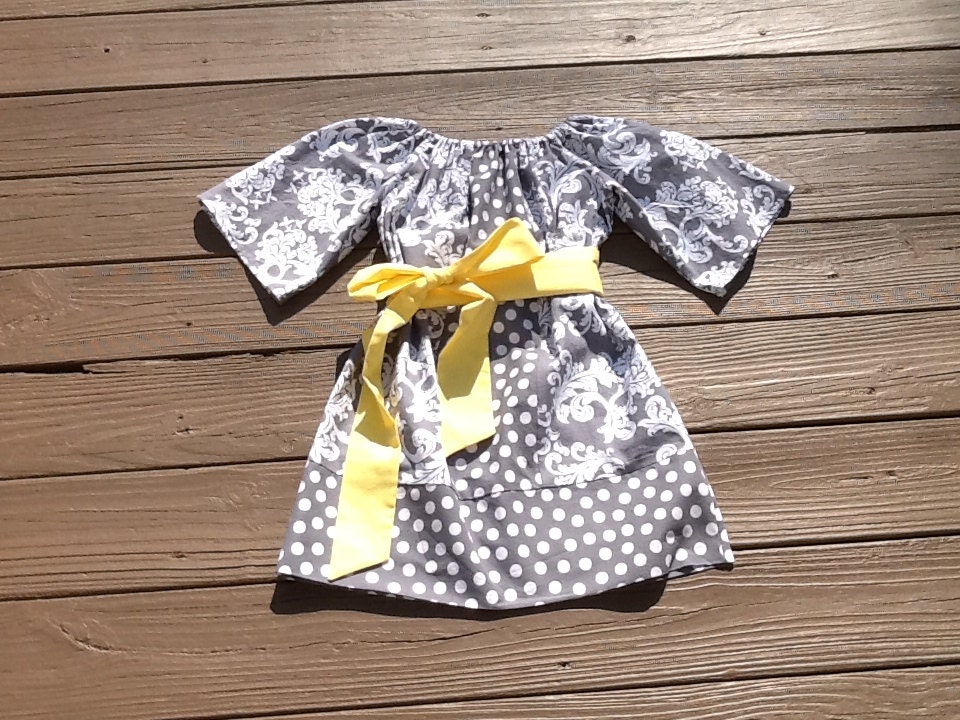 Girls Little Peasant Dress with yellow fabric bow detail. Grey damask & polka dot. Custom children's clothing By EverythingSorella