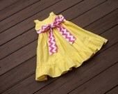 Girls Easter Dress with ruffle detail. Yellow. Pink white chevron sash. Size 5. FREE SHIPPING. Ready to Ship. By EverythingSorella