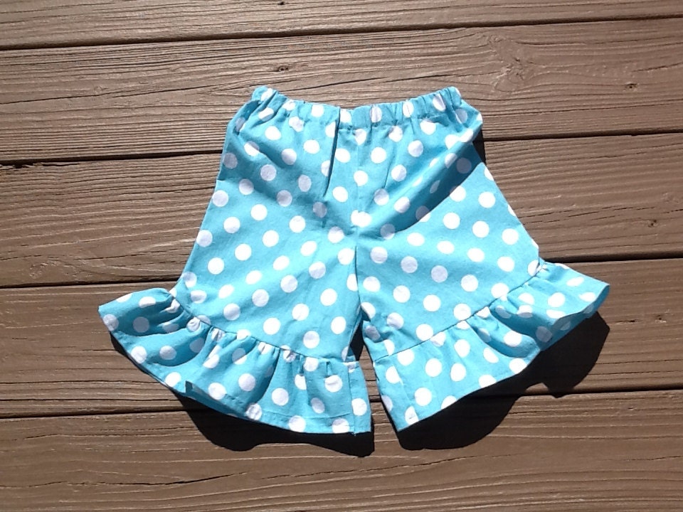 Girls ruffle knee shorts, capris, or pants. Aqua white or any color polka dot. Custom boutique children's clothing by EverythingSorella.