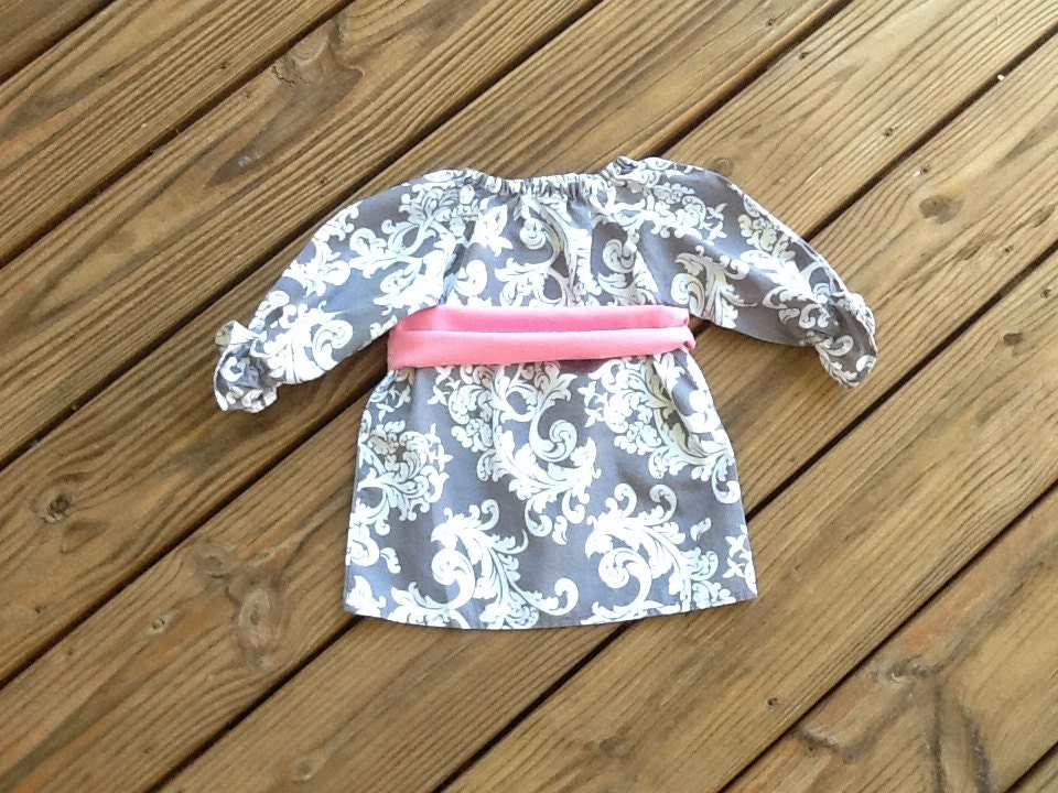 Girls Little Peasant Dress with pink fabric sash detail. Grey white damask. Custom children's clothing By EverythingSorella