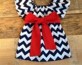 Girls 4th of July Patriotic Peasant Dress & fabric sash. Navy blue or any chevron fabric. Custom children's clothing. By EverythingSorella
