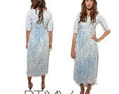 40s RIBBON FLOWERS gown pastel blue maxi dress formal prom silk net lace mesh floral textured romantic M