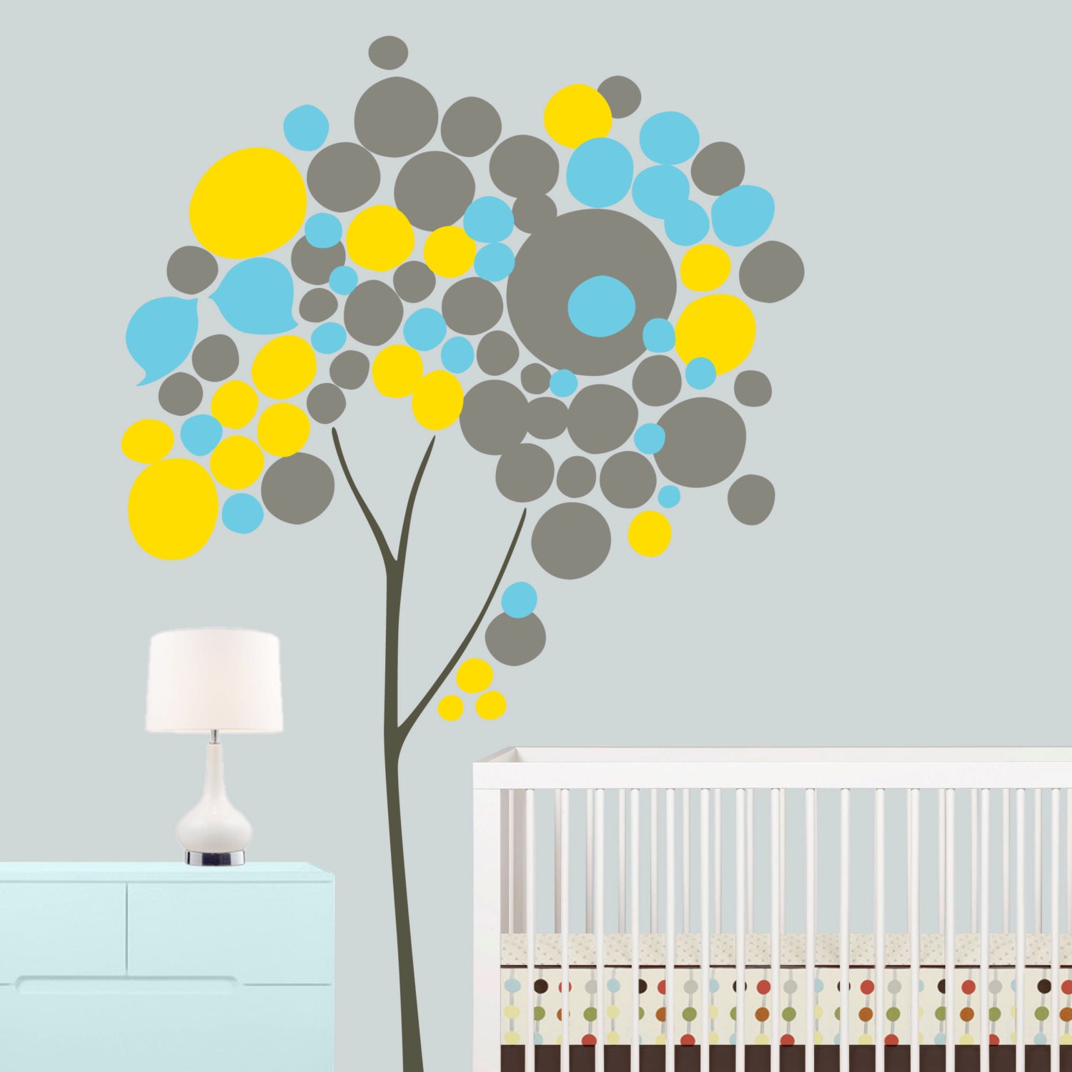 Children Wall Decal - Tree Wall Decal - Circle Tree for Gray Nursery - Yellow Gray Nursery - OnceUponAPaper Print - Nursery Wall Art
