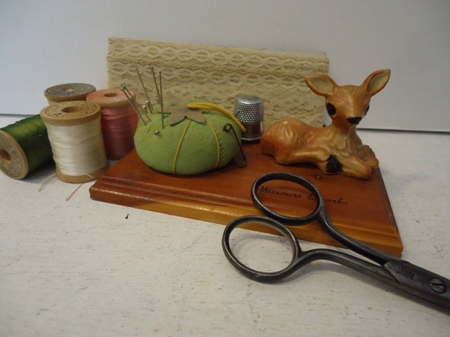 Vintage Kitschy Pincushion, Fawn, Green Pincushion, MIssouri Ozarks Souvenir