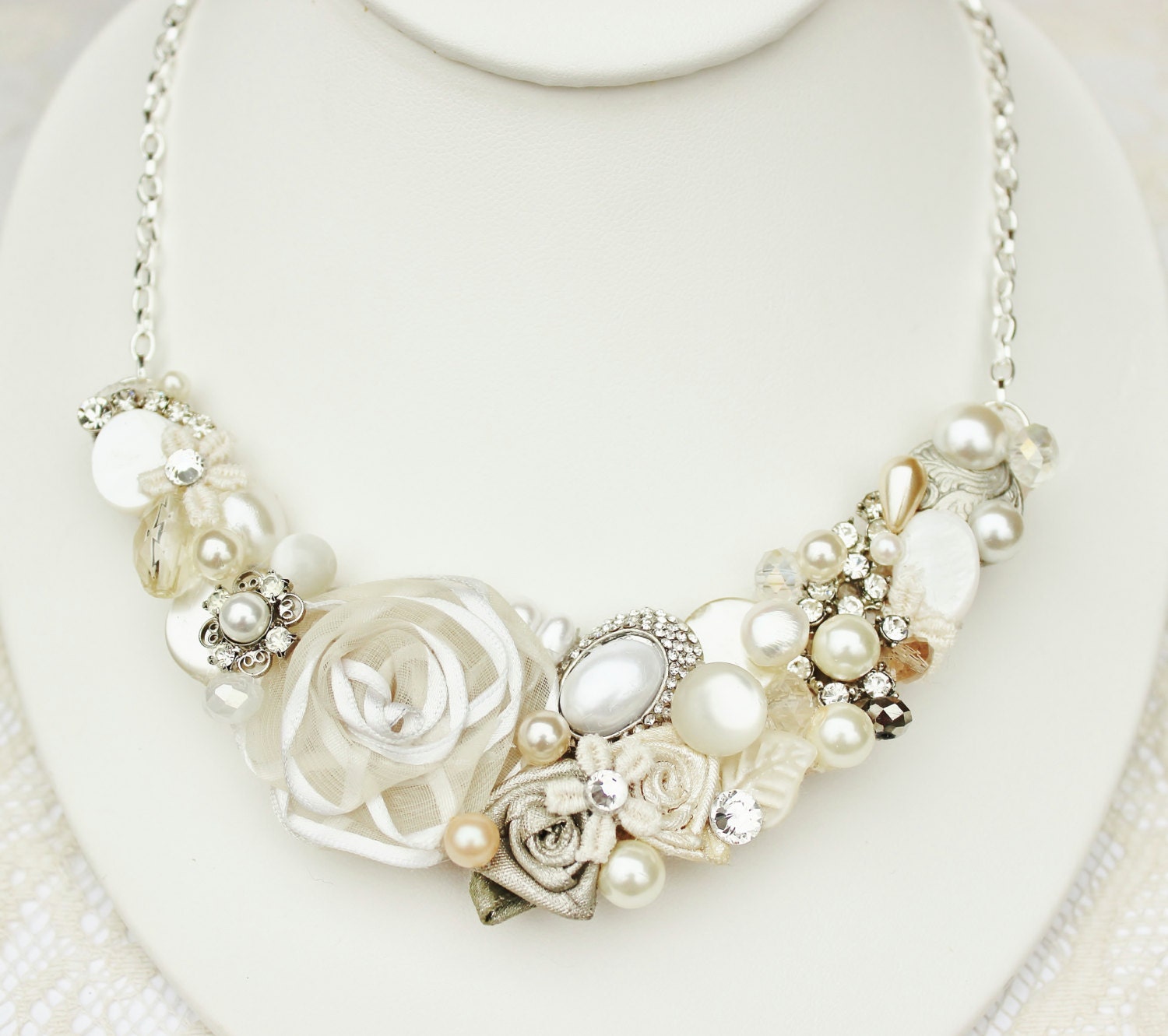 Ivory Bridal Bib Necklace- Floral Necklace- Ivory Wedding Statement Necklace- Pearls, Lace, & Rhinestones-Floral Accessories- Cream Jewelry
