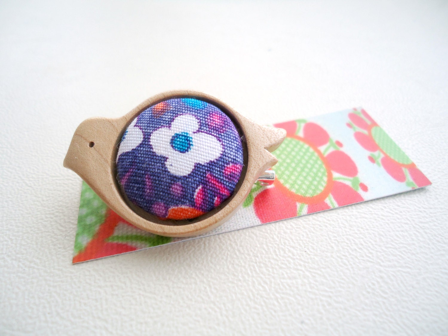 maple wood and vintage fabric birdie brooch