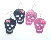 Kawaii Laser Cut Glitter Pink and Black Skull Bow Earrings