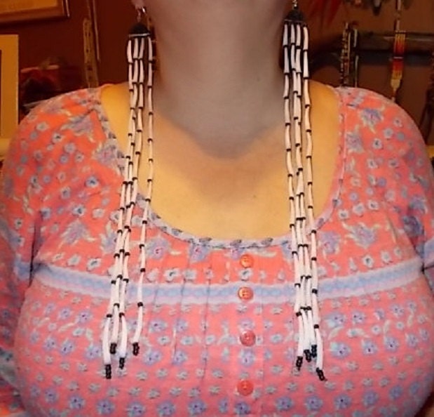 Native American Design Jewelry - Dentalium Shell and Antique Glass Cobalt Beaded Earrings