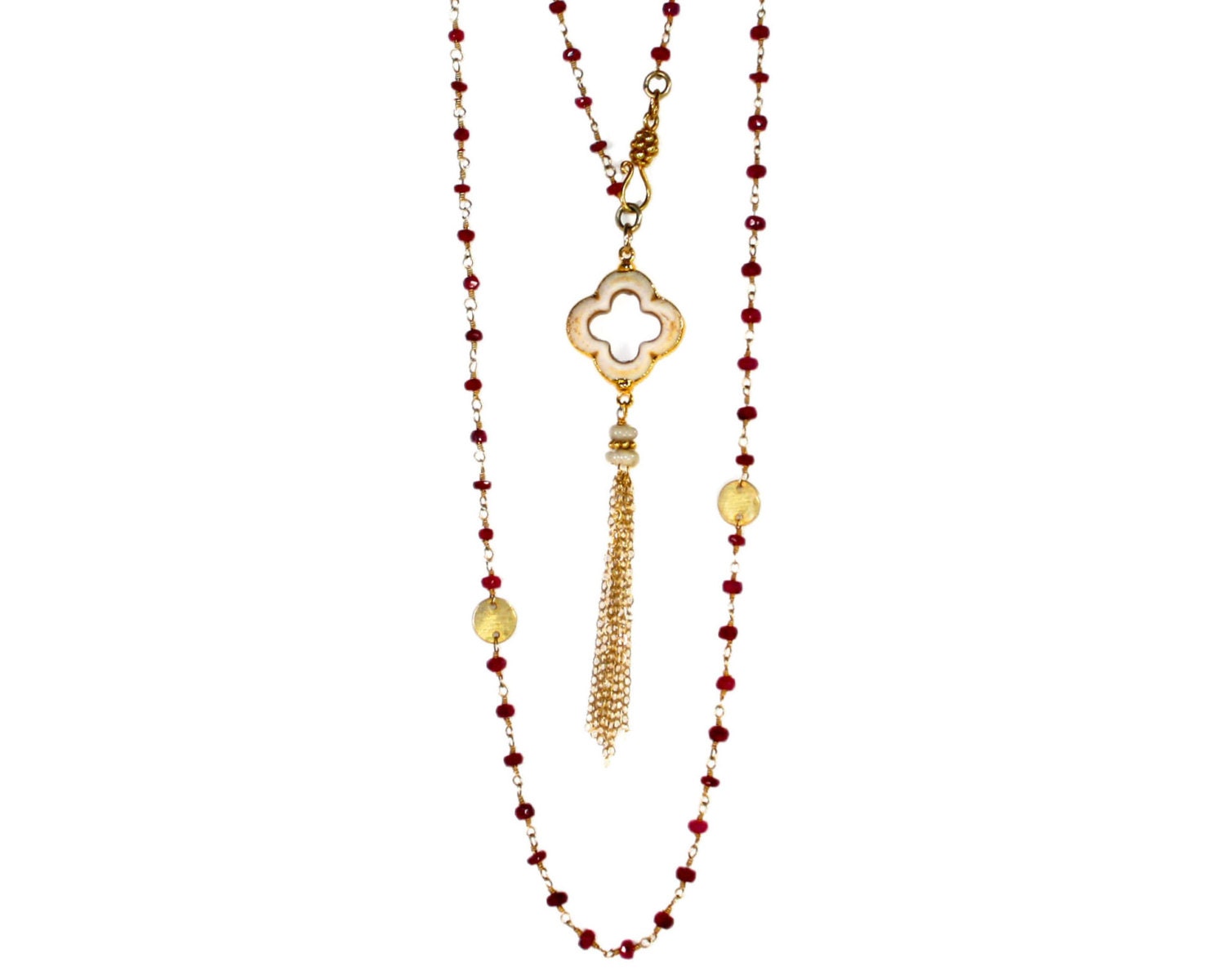 Urban siren. Long wrappable quatrefoil necklace. Ruby red and ivory rosary necklace with 24k gold dipped 4 leaf clover.Indie boho jewelry