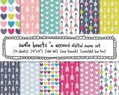 girls hearts arrows digital paper, photography backgrounds, girls patterns pink magenta mustard yellow aqua baby blue, instant download 441