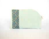 Hand embroidery coin purse, small pouch, light mint green and white