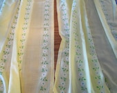 Retro 1970's Printed Cotton Yellow Curtain Panels with Ball Fringe, Flocked Daisies