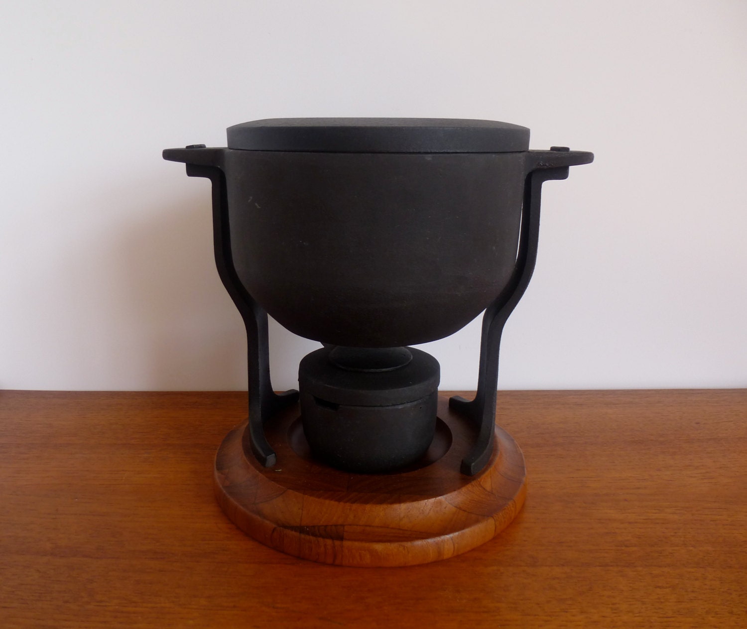 Vintage Mid Century Digsmed Cast Iron and Enamel Fondue Pot