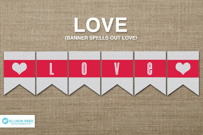 Valentines Party Printable - Valentine Banner - LOVE - Valentines Day - Heart - Cheveron - Heart Printable - Red - Gray - Printable Party Il_570xn
