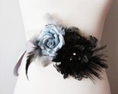 Bridal Couture - Black Grey / Gray Lace Flowers Feather Sash Belt - Wedding Dress Flower Sashes Belts