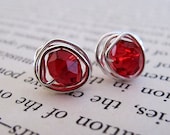 Ruby Red Crystal Wire Wrapped Stud Earrings - Sterling Silver Post Earrings - Summer Jewelry
