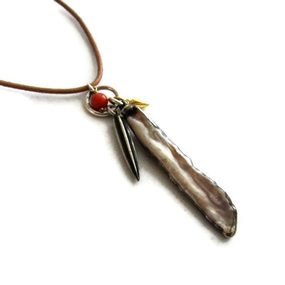 Silver Pendant Necklace Baroque Pearl Leather Necklace  Seed Pod Charm Necklace