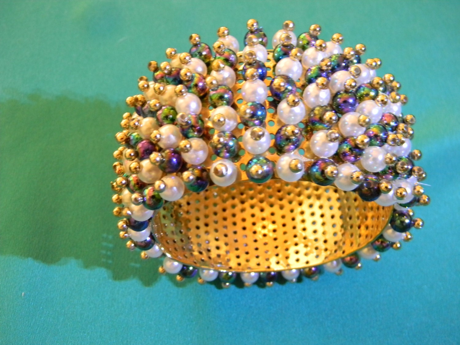 Bold, Vintage Cuff, Clamper, Bracelet, 80s, Faux Pearl, Blue, Green, Purple