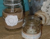 Mason Jar / Vintage / Burlap / Rustic Wedding / Baby Shower Decor / Cottage Home Decor / Candle Holder