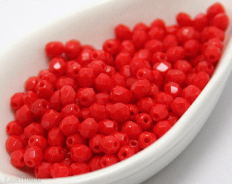 Red Czech Fire Polished Beads 4mm (50) Opaque Round Glass Small Polish Faceted Bright