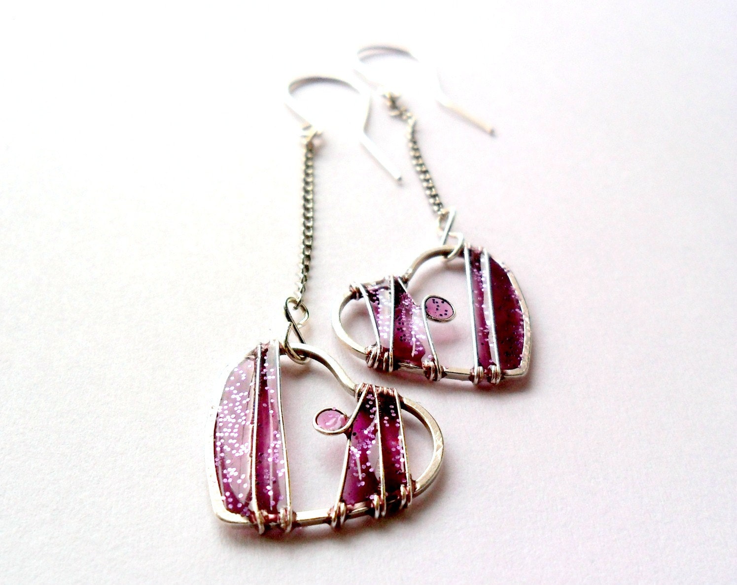 Purple heart earrings, sparkling, cute, valentine jewelry, long dangle earrings