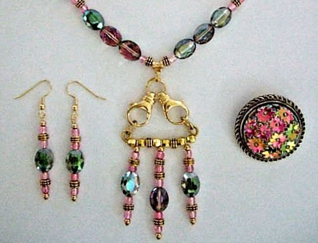 Statement Necklace, Rare W. German Scarf Clip Pendant, Interchangeable Beaded Pendant, Watermelon Faceted Glass, Pink Glass, Gold Plated