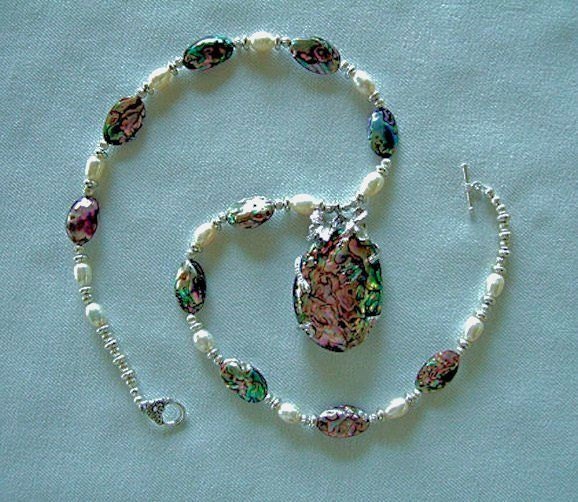 Abalone Silver Freshwater Pearl Statement Necklace, Beautiful and Elegant, Unique OOAK, Beaded