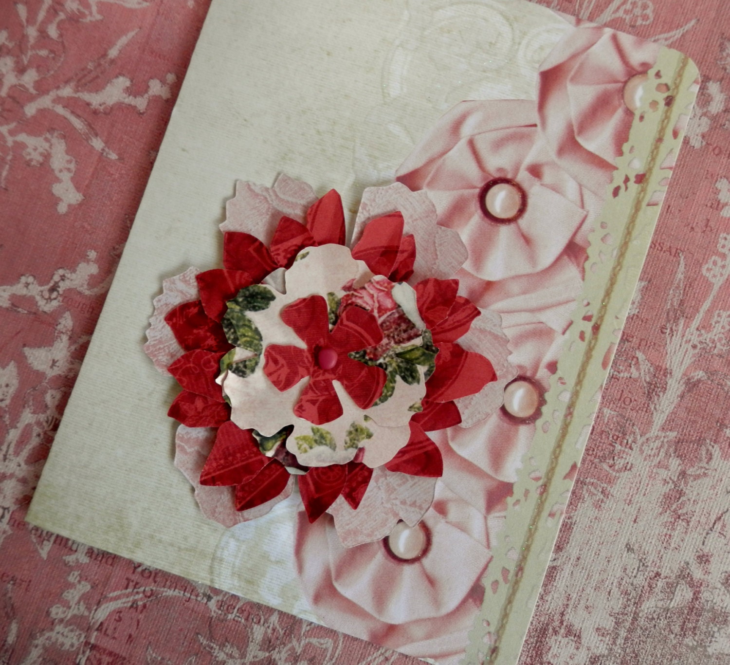 OOAK  Paper Flower Card - Dimensional - Pink Ruby Red Green
