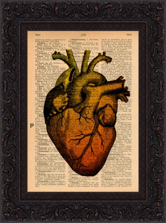 Amber Heart  Print on upcycled  1930's Spanish encyclopaedia Page