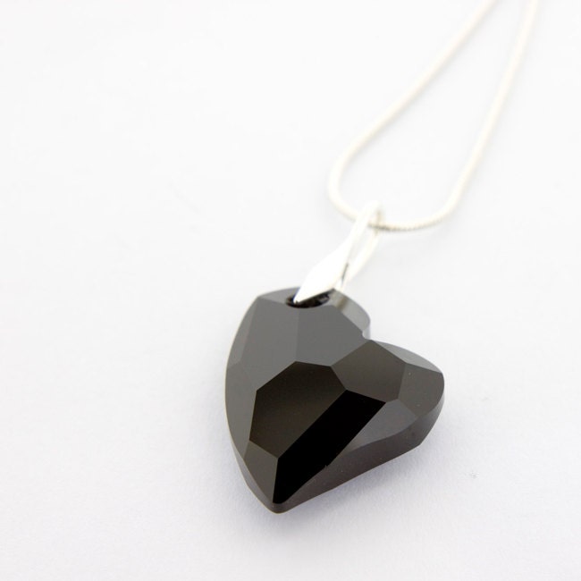 SWAROVSKI ELEMENTS Heart Necklace: Black Heart Pendant On Sterling Silver Chain