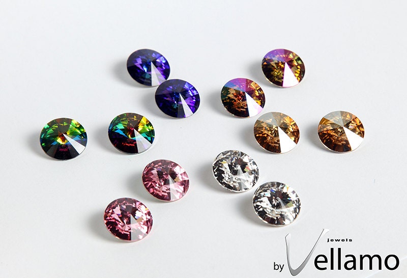 Sterling silver earrings with Swarovski crystals, large, 14mm, choose your color, Vitrail rainbow color, purple haze
