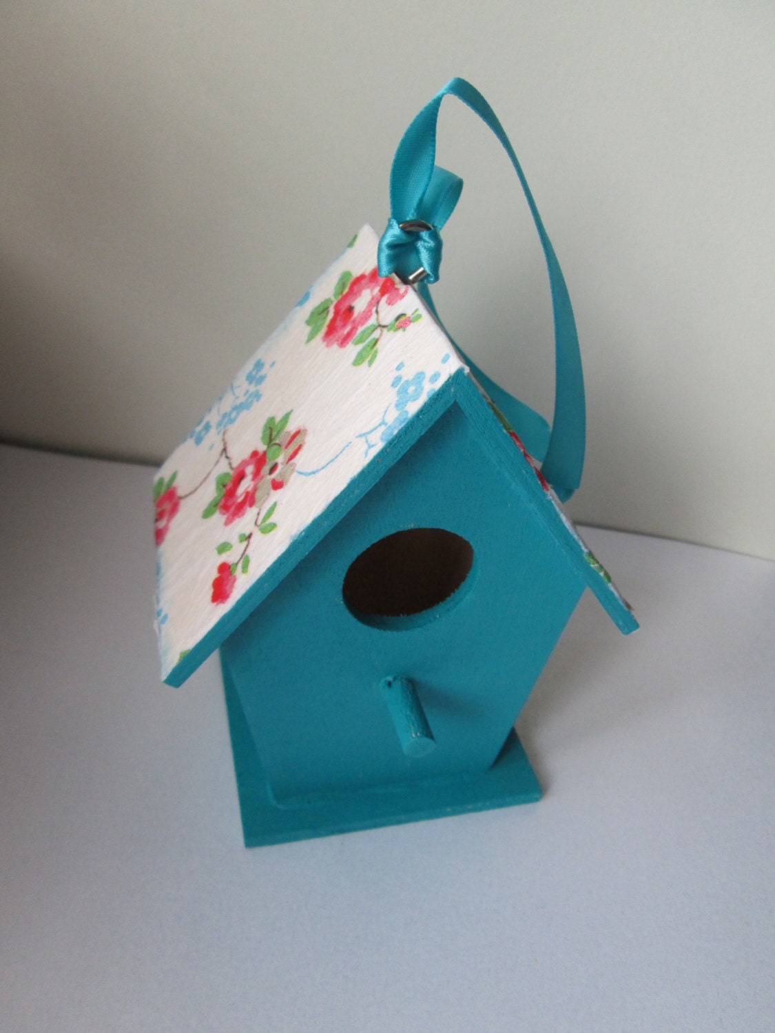 Decoupage Teal Cath Kidston bird house - Shabby chic  Decoration - Shabby Chic Easter gift - Garden