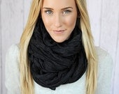 Black Infinity Scarf Wide Crinkled Cotton Solid Color Infinity Scarf Circle Loop Scarf