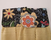 Hanging Kitchen Towel Set- Modern Black Gold Blue Floral Print Cotton Fabric With Buttery Golden Yellow Terry Cloth Towel Button Closure