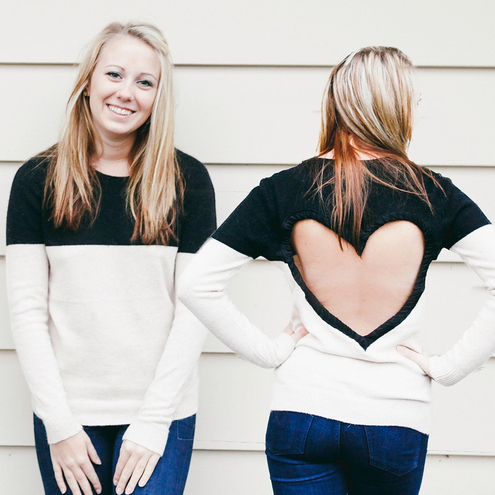 Black / Tan Heart Cut out Sweater  Upcycled Heart Sweater Back Cut Out Sweater  original heart back shirt