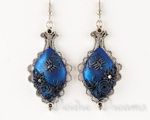 Victorian Goth Lolita Pagan Spider Cobweb Flower Filigree Earrings - Polymer Clay Flower Earrings - Halloween Dark Victorian Spider Jewelry