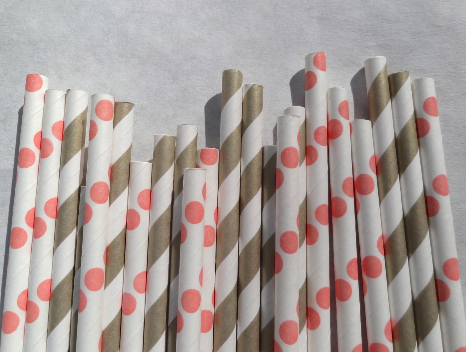 Metallic Gold Striped Paper Straws & Coral Pink Dot, 100 Pack, Wedding Straws, Gold and Coral Paper Straws Il_570xn
