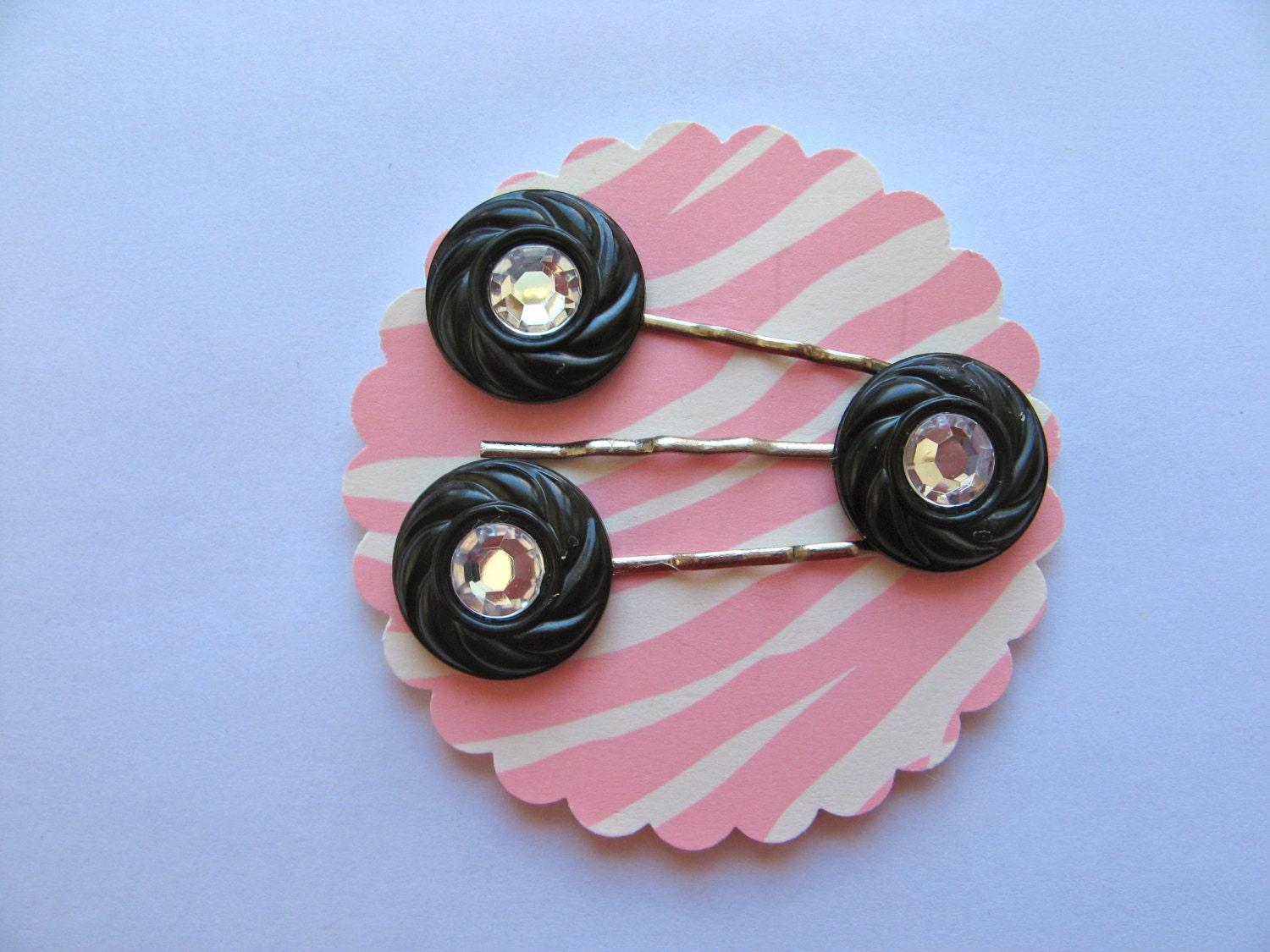Vintage Button Bobby Pins - Black Swirl Pattern with Gem Centers -  Silver Tone Bobby Pins - Set of 3-